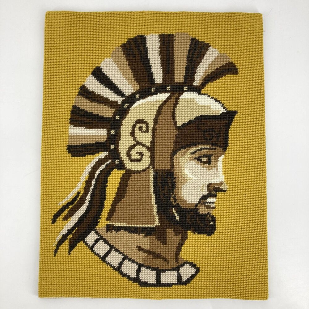 Vtg Completed Roman Centurion Needlepoint Canvas Unframed Portrait MCM 18"x14"